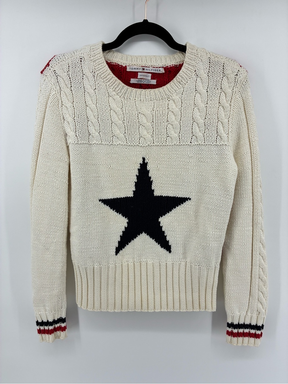 Tommy Hilfiger Handknit Cream Cable-Knit Sweater with Star and Stripe Design